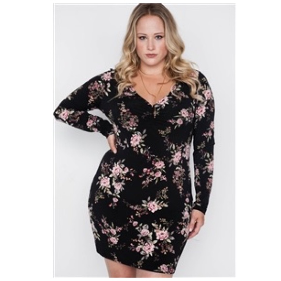 ✄🏷Plus Sz Black Floral Long Sleeve Mini Dress - Picture 2 of 6